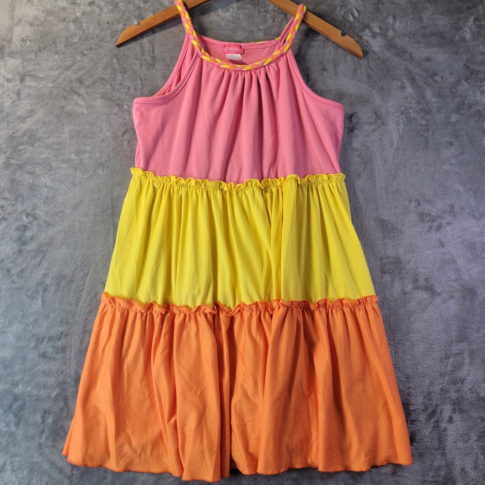 Zunie Girl Rainbow Tiered Dress XL 14/16 Braided Strap Sleeveless Colorblock